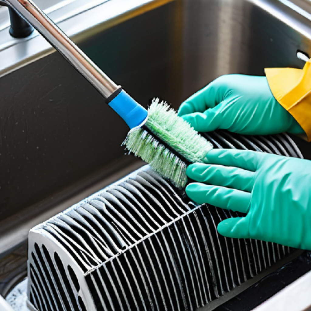 Cleaning the Compressor Filter**

"A person wearing gloves and a mask is carefully cleaning a compressor filter with a soft brush and soapy water in a well-lit kitchen. The filter is partially submerged in a basin. safe for work, appropriate content, fully clothed, modest clothing, perfect anatomy, correct proportions, professional photo, family-friendly."

**