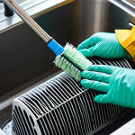 Cleaning the Compressor Filter**

"A person wearing gloves and a mask is carefully cleaning a compressor filter with a soft brush and soapy water in a well-lit kitchen. The filter is partially submerged in a basin. safe for work, appropriate content, fully clothed, modest clothing, perfect anatomy, correct proportions, professional photo, family-friendly."

**