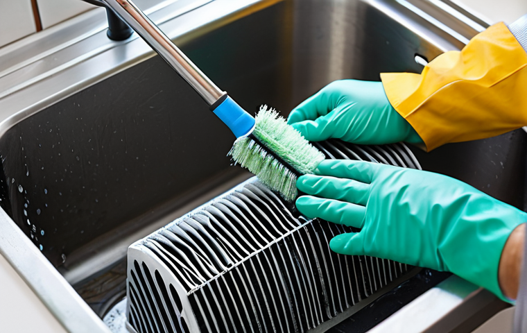 Cleaning the Compressor Filter**

"A person wearing gloves and a mask is carefully cleaning a compressor filter with a soft brush and soapy water in a well-lit kitchen. The filter is partially submerged in a basin. safe for work, appropriate content, fully clothed, modest clothing, perfect anatomy, correct proportions, professional photo, family-friendly."

**
